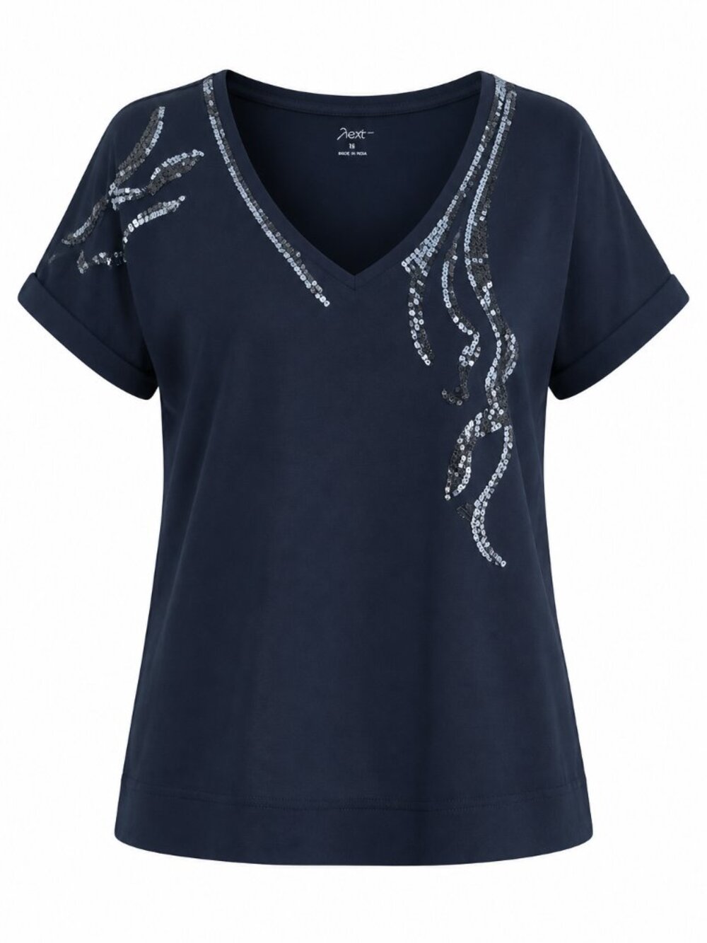 Motto Rolled Short Sleeve Embellished Oversized Relaxed Blue Artsy top Small